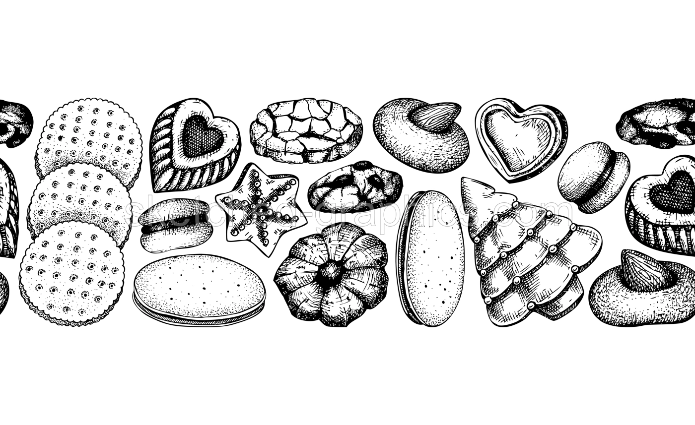 Bakery shop seamless pattern. Cookies background. Black cookies with almond, chocolate, jam, crackers, chips hand drawn illustrations. Popular pastry ribbon for print, banner, packaging design Illustration